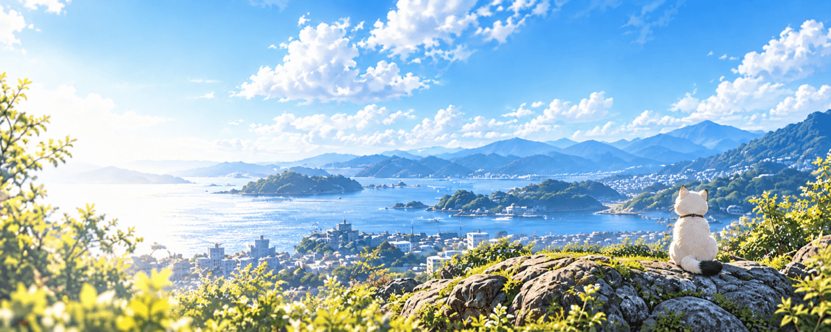 青空の下、海と街を見渡す白猫のイラスト